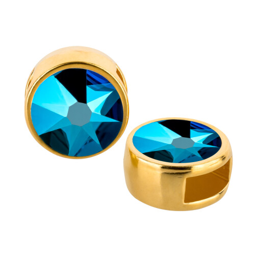 Schuivers goud 9mm (ID 5x2mm) met kristalsteen in Crystal Metallic Blue 7mm 24K verguld