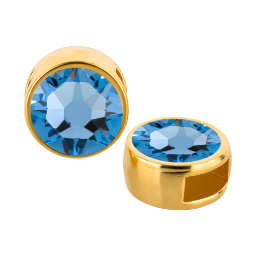 Cuenta redonda deslizable oro 9mm (ID 5x2mm) con piedra de cristal en Light Sapphire 7mm 24K chapado oro
