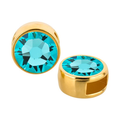 Cuenta redonda deslizable oro 9mm (ID 5x2mm) con piedra de cristal en Light Turquoise 7mm 24K chapado oro